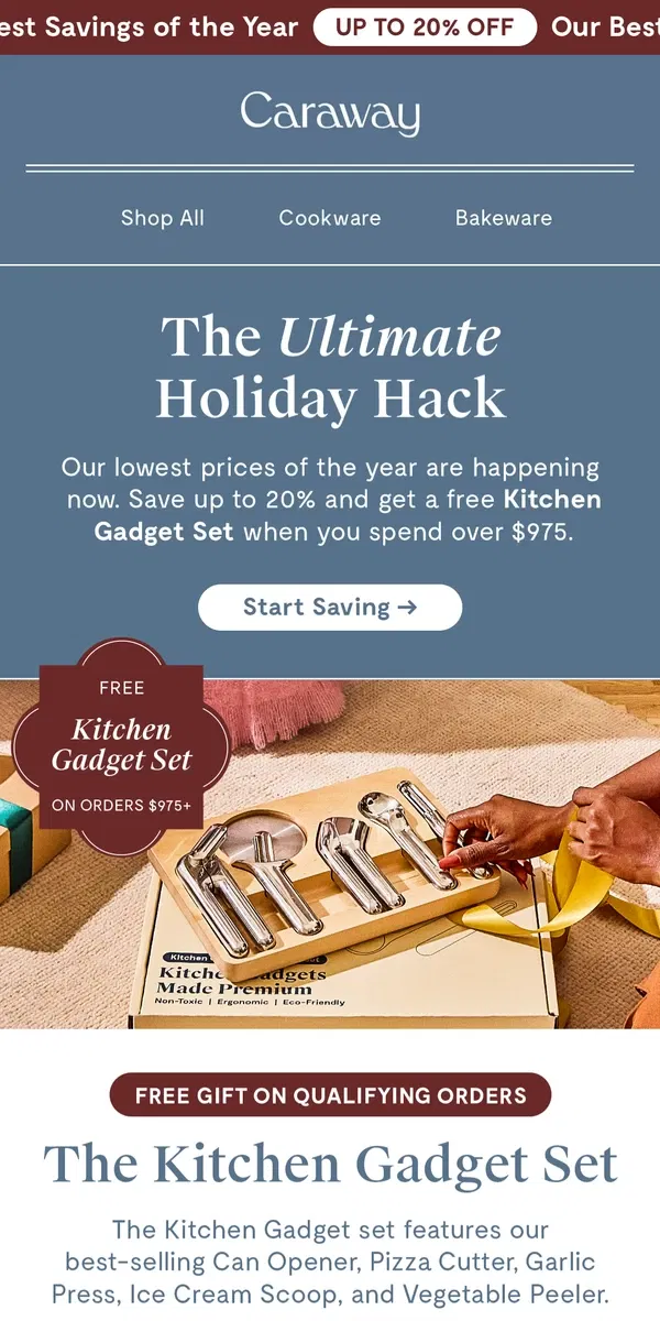 Email from Caraway. Holiday Hack: FREE Kitchen Gadget Set