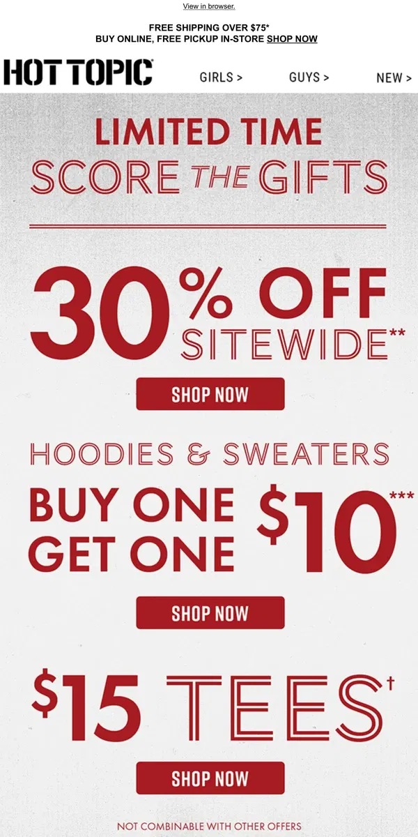 Email from Hot Topic. ‼️ 30% off sitewide + $15 Tees + BOGO $10 Hoodies ‼️