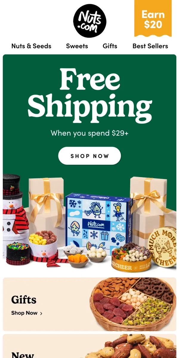 Email from Nuts.com. FREE SHIPPING 4 REAL