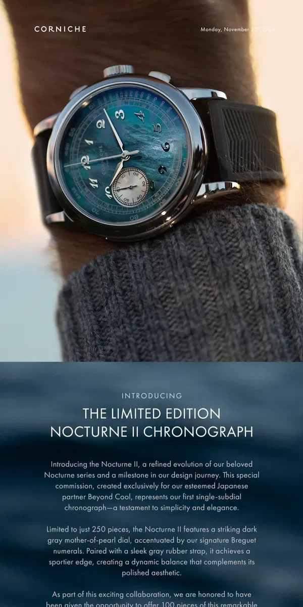 Email from Corniche Watches. Discover The All-New Nocturne II Chronograph