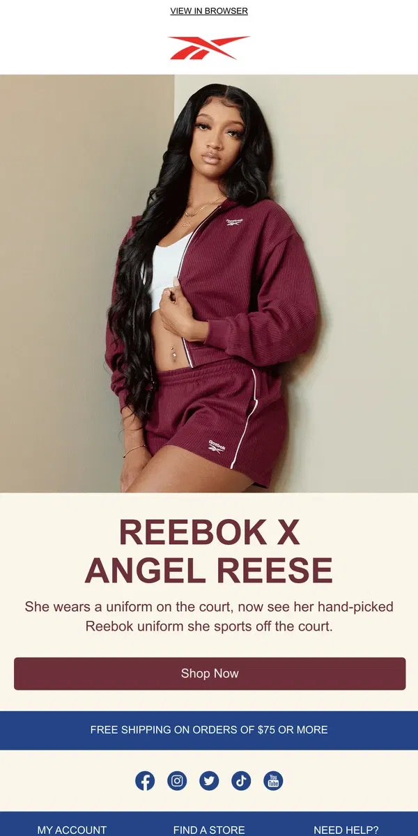 Email from Reebok. Reebok x Angel Reese