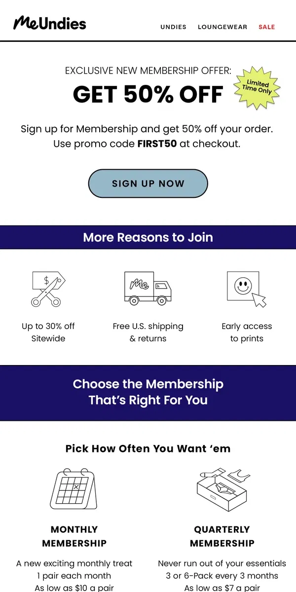 Email from MeUndies. Get 50% Off Your First Membership Order