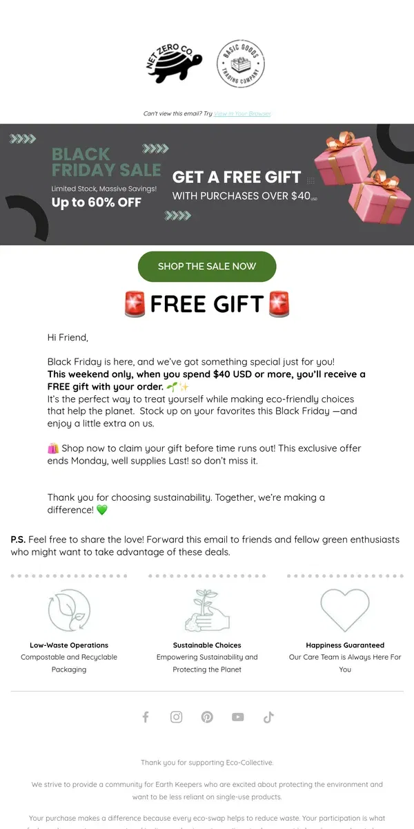 Email from Net Zero Co.. Get a Free Gift This Black Friday