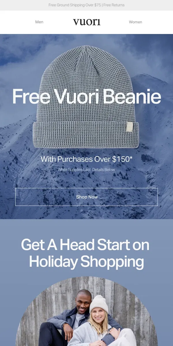 Email from Vuori. Our gift for you: Free Vuori Beanie with orders $150+