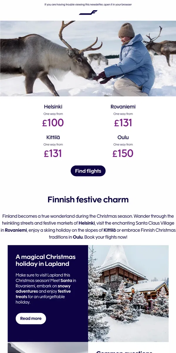 Email from Finnair. Experience the magic of Christmas in Finland