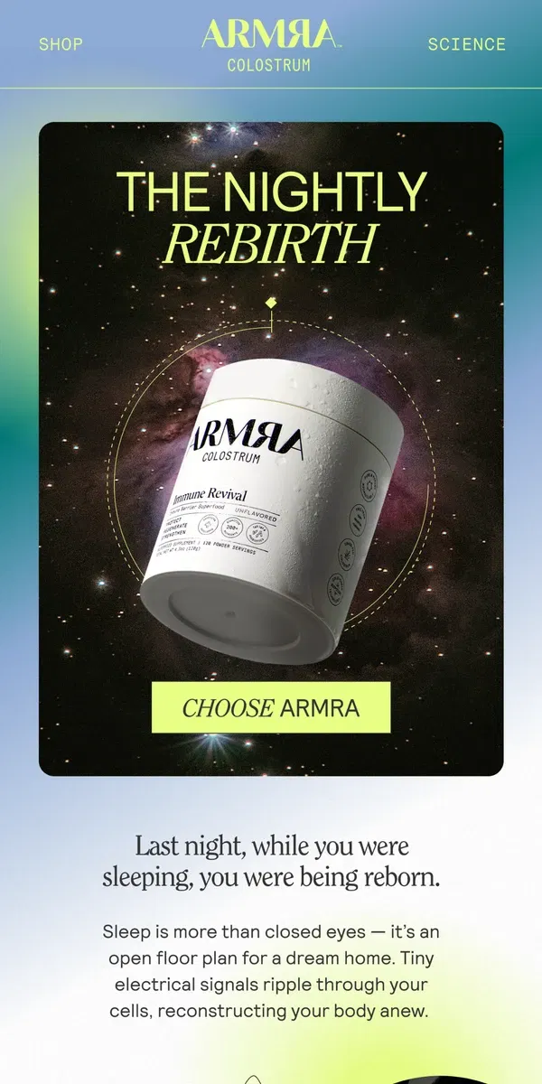 Email from ARMRA Colostrum. Wake Up On The Right Side Of Time