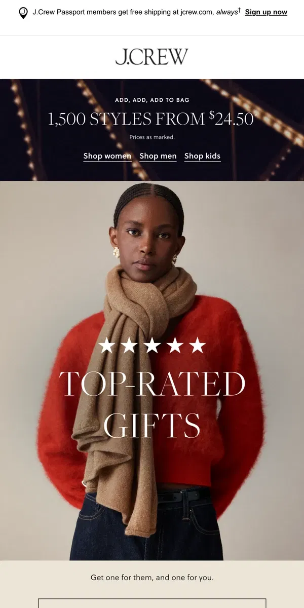 Email from J.Crew. Top-rated holiday gifts