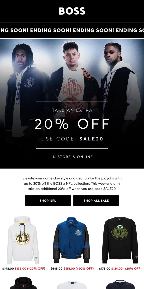 Email from HUGO BOSS. Extra 20% off BOSS x NFL!