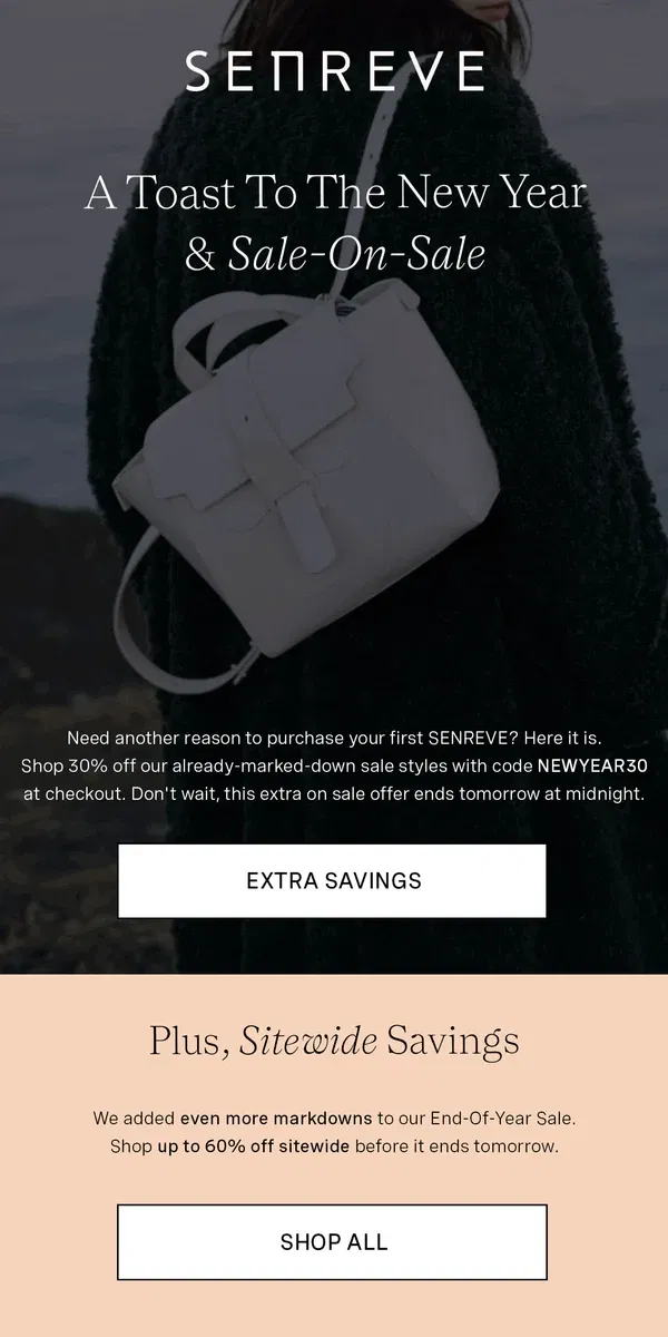 Email from Senreve. Extra 30% off sale ends tomorrow