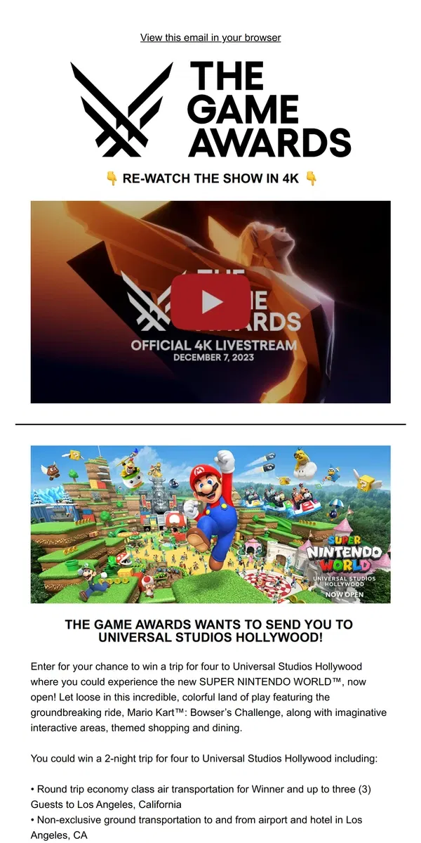 Email from The Game Awards. THE GAME AWARDS: Re-Watch the Live Show in 4K