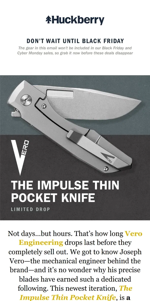 Email from Huckberry. Introducing: The Impulse Thin Pocket Knife