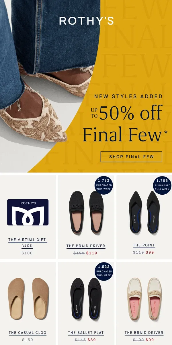 Email from Rothy's. New to FINAL FEW! Up to 50% off.