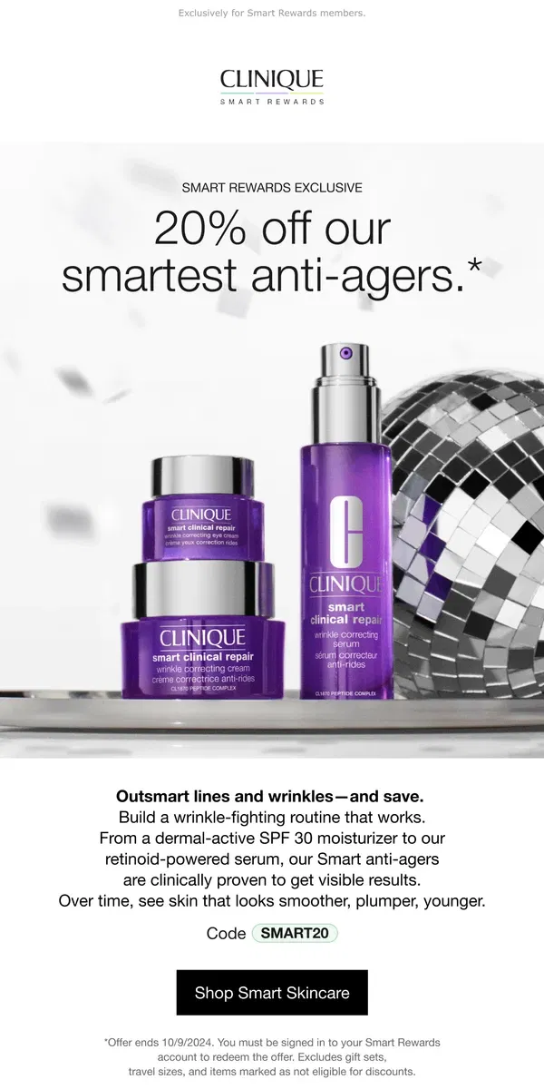 Email from Clinique. Enjoy smart savings today. 20% off Smart anti-agers.