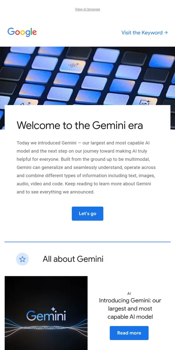 Email from Google. Introducing Gemini, our most capable AI model