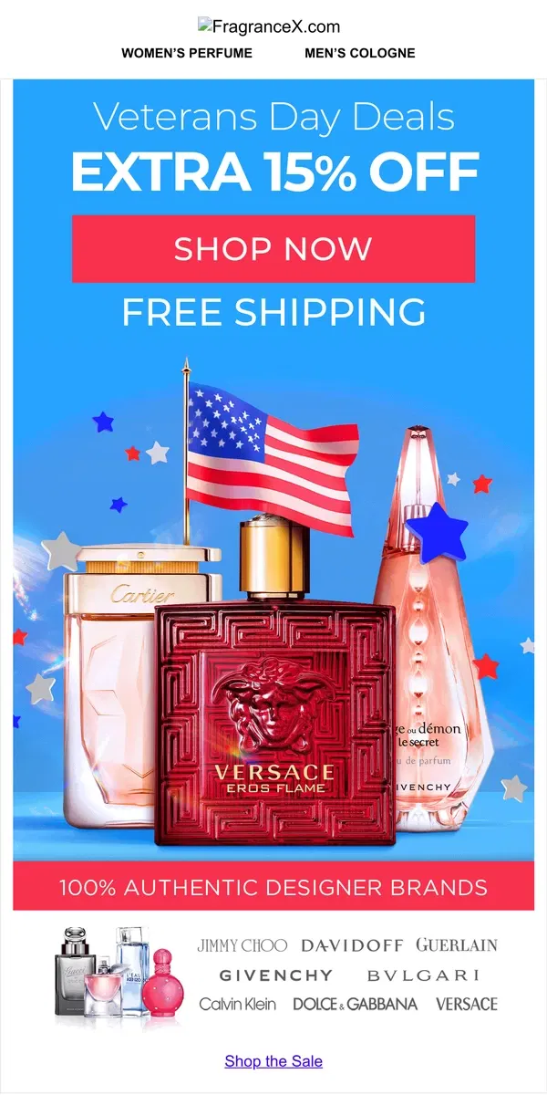 Email from FragranceX. Thanks to our Vets, Everone saves!