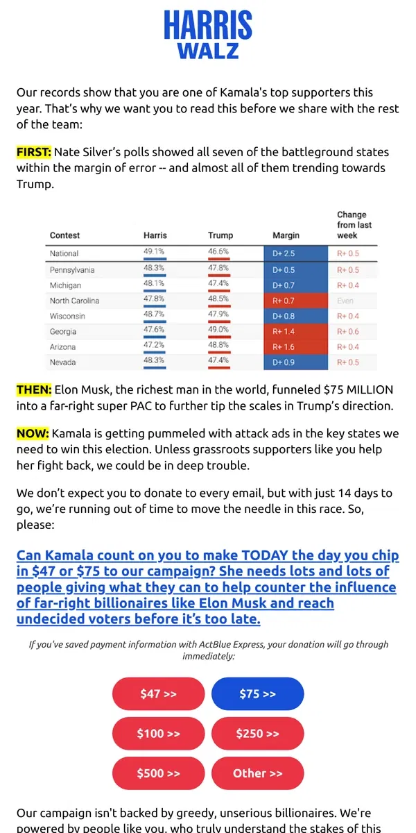 Email from Kamala Harris. re: latest polls + pro-Trump super PAC spending