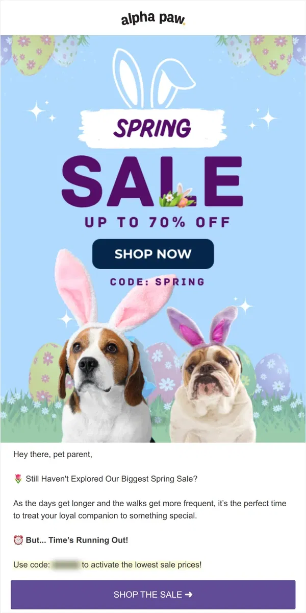 Email from Alpha Paw. ⏰ Tick-Tock! Lock in Spring SALE Savings!