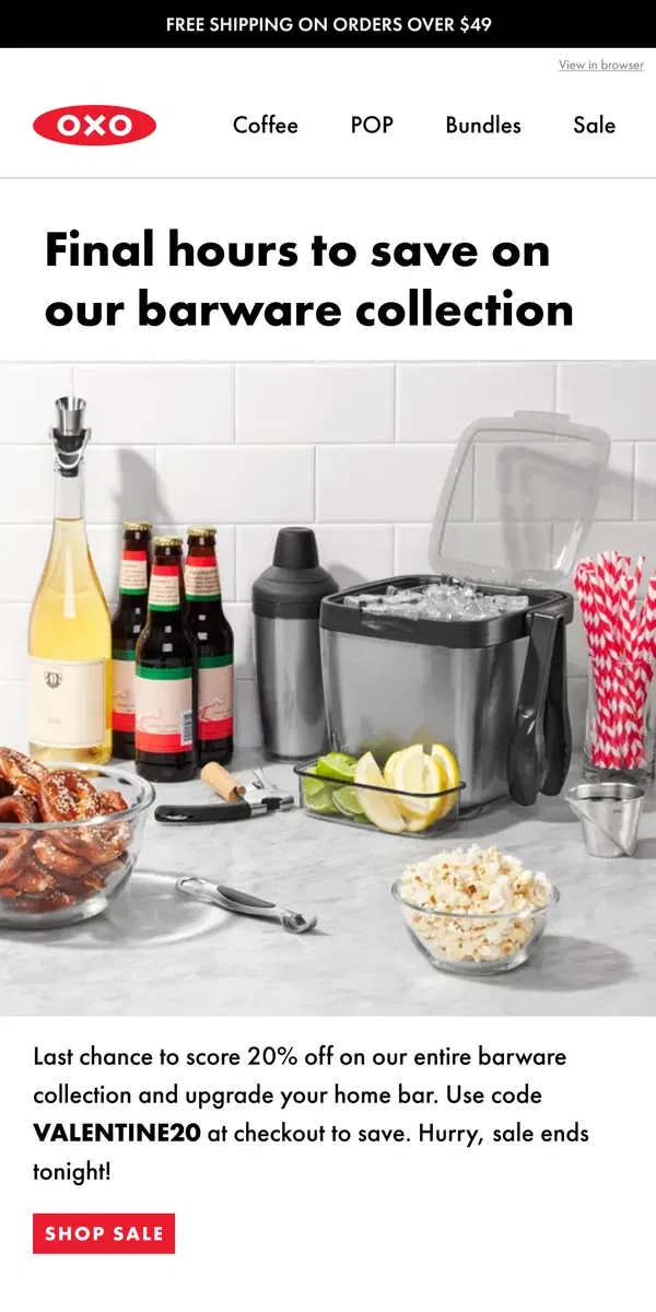 Email from OXO. [FINAL HOURS] 20% off all barware ends tonight!