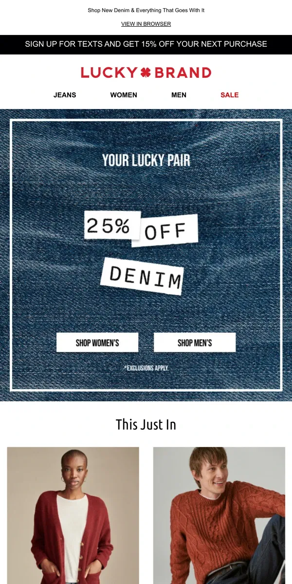 Email from Lucky Brand. NEW! 25% Off Your Fave Jeans