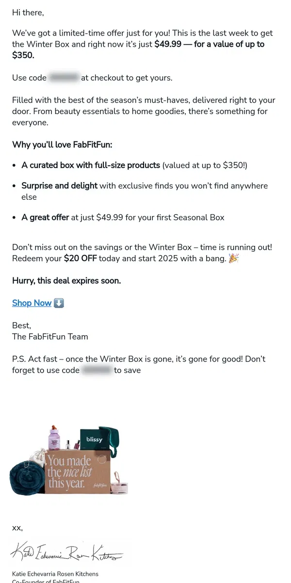 Email from FabFitFun. ❄️ Last Week to Grab the Winter Box - just $49.99 