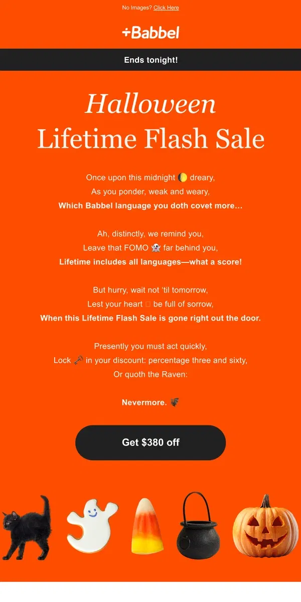 Email from Babbel. 🎃🦇 Missing out on Lifetime for $219? Now that’s scary.