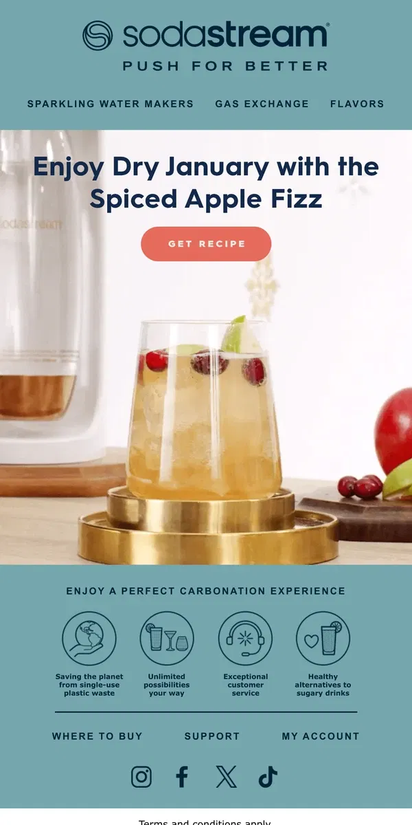 Email from SodaStream. Keep Sparkling with the Spiced Apple Fizz Mocktail🍹