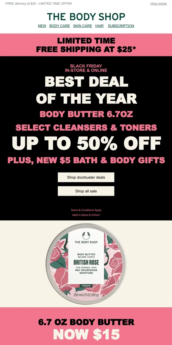 Email from The Body Shop. Doorbuster Deals: Up to 50% Body Butter, Cleansers & Toners