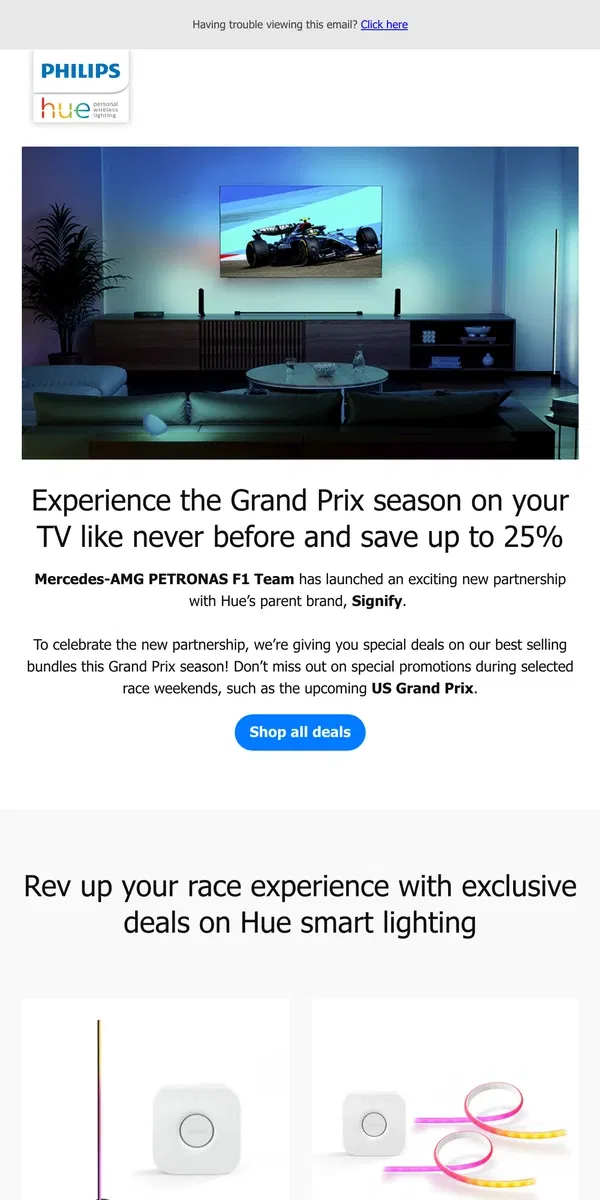 Email from Philips Hue. Up to 25% off smart light for Grand Prix viewing!