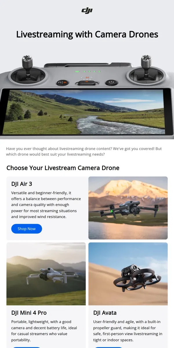 Email from DJI. Livestreaming with Camera Drones