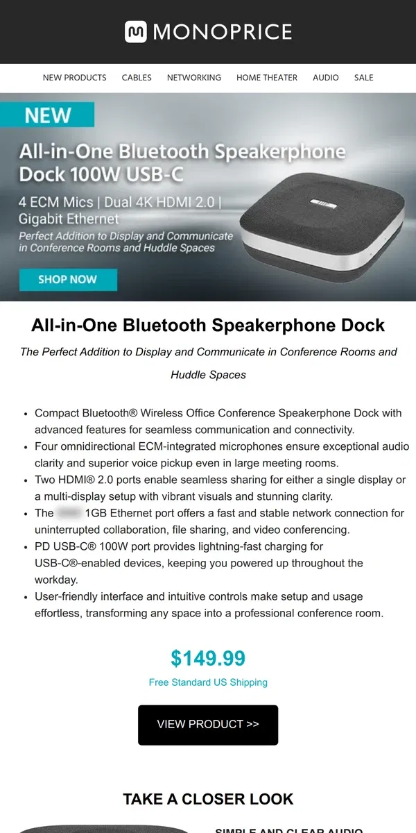 Email from Monoprice. NEW ARRIVALS | All-in-One Bluetooth Speakerphone Dock