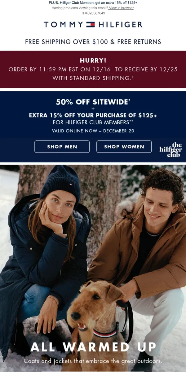 Email from Tommy Hilfiger. Starting now: 50% OFF SITEWIDE