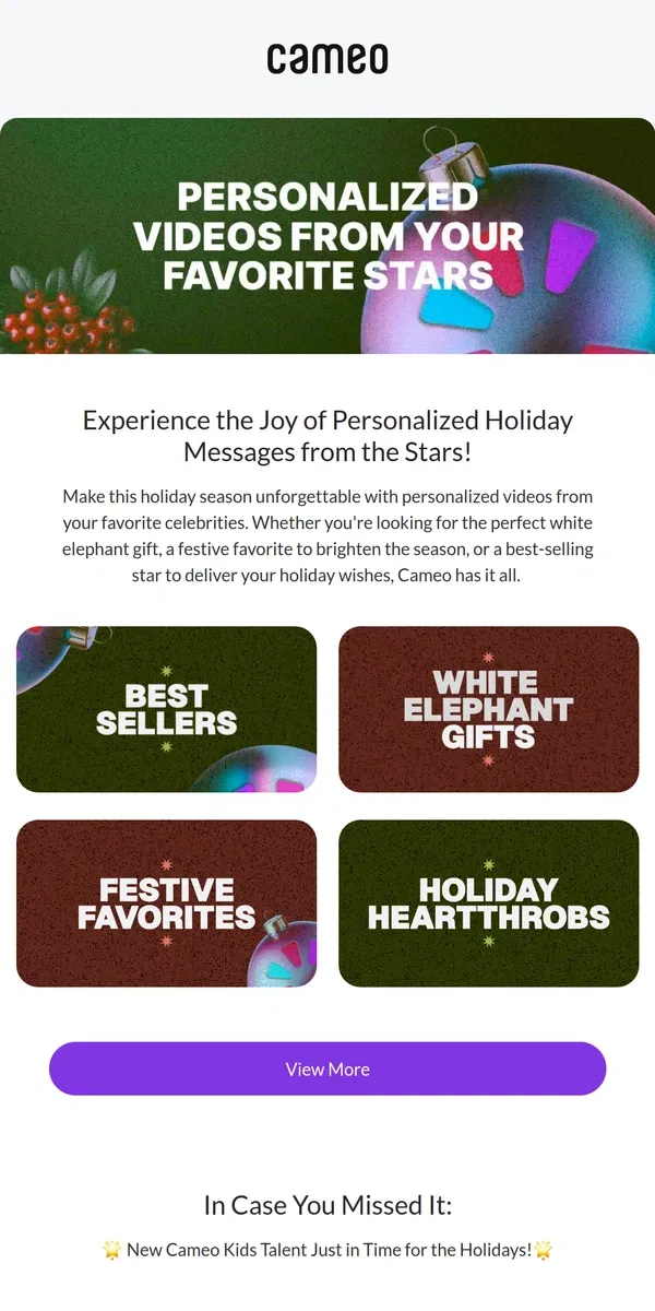 Email from Cameo. 🎄 Unwrap Unique Holiday Surprises from Your Favorite Stars! 🌟