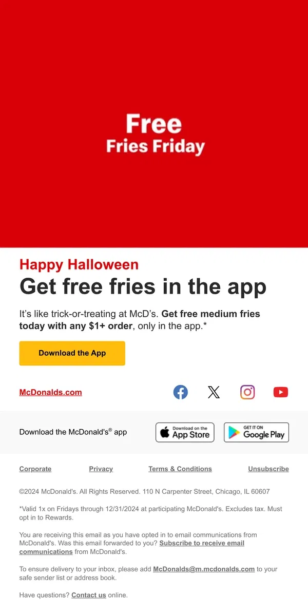 Email from McDonald's. free fries treat, no tricks 🍟👻