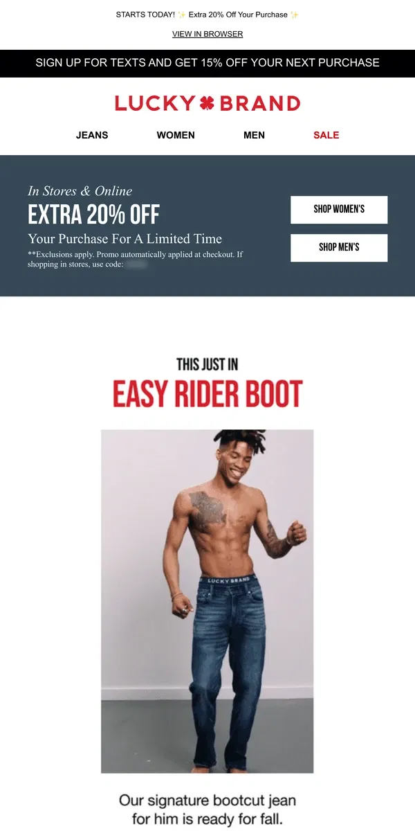 Email from Lucky Brand. NEW In Easy Rider For Him & Her + 25% OFF JEANS