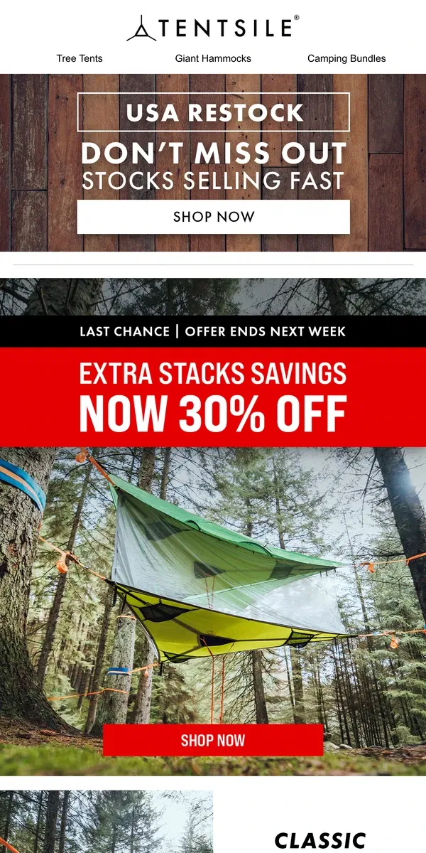 Email from Tentsile. RESTOCK ALERT 🌲