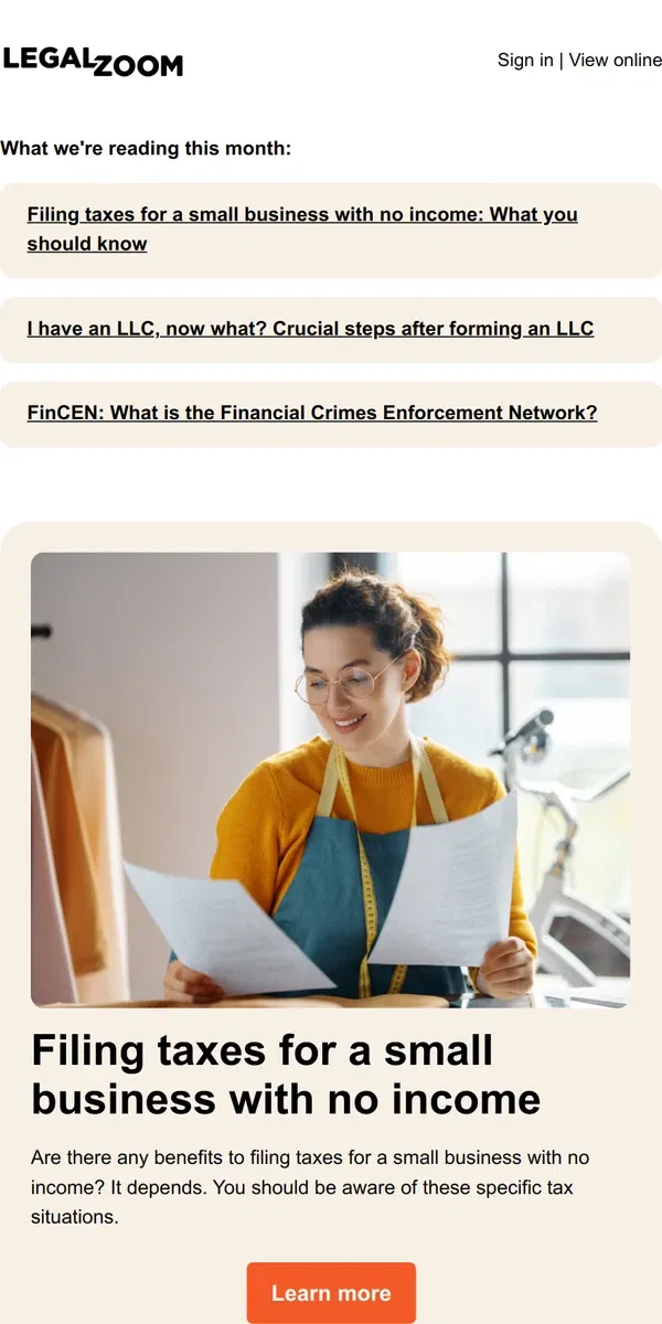 Email from LegalZoom. How to file small business taxes