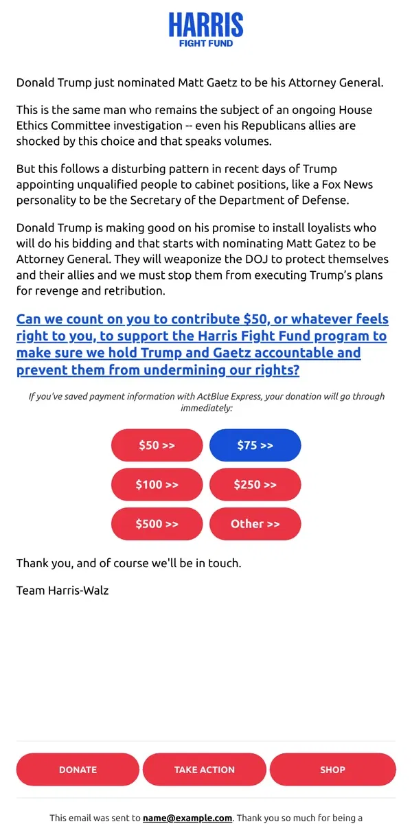 Email from Kamala Harris. Matt Gaetz