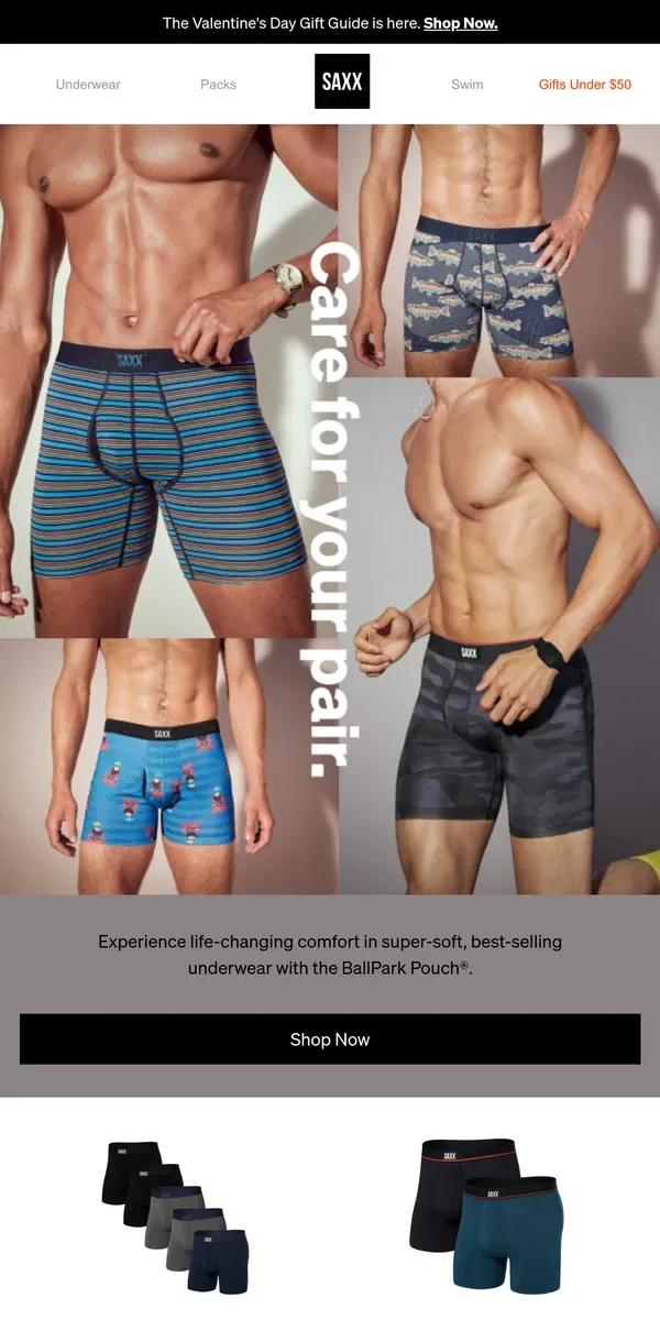 Email from SAXX Underwear. Care for your manhood in popular pairs