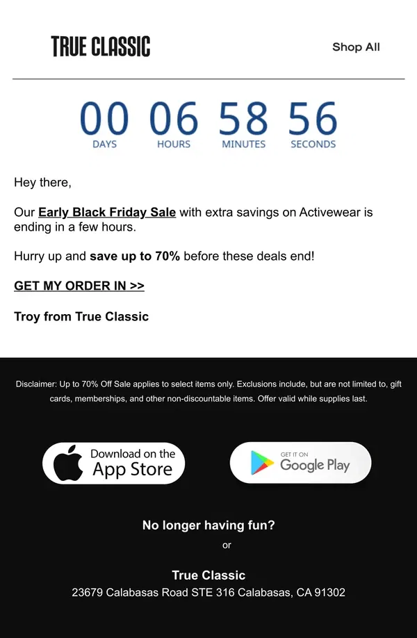 Email from True Classic. ⏰⏰⏰ Last Chance to Save On Activewear!