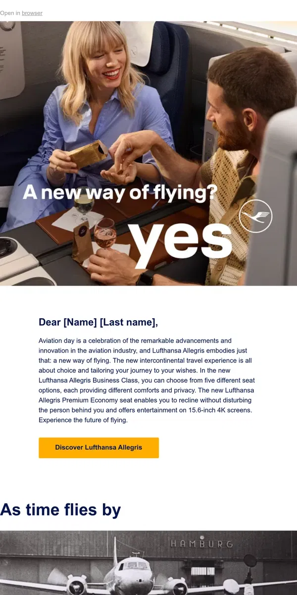 Email from Lufthansa. Celebrating the beauty of flight. Happy Aviation Day!