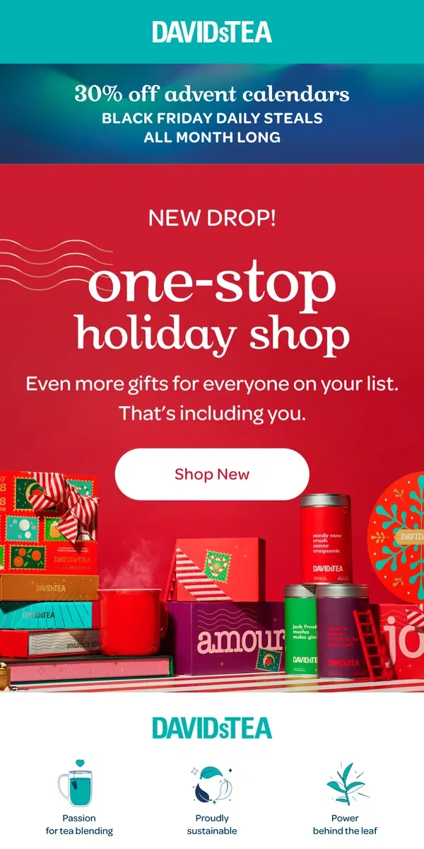 Email from DAVIDsTEA. NEW just landed 🛷🎄