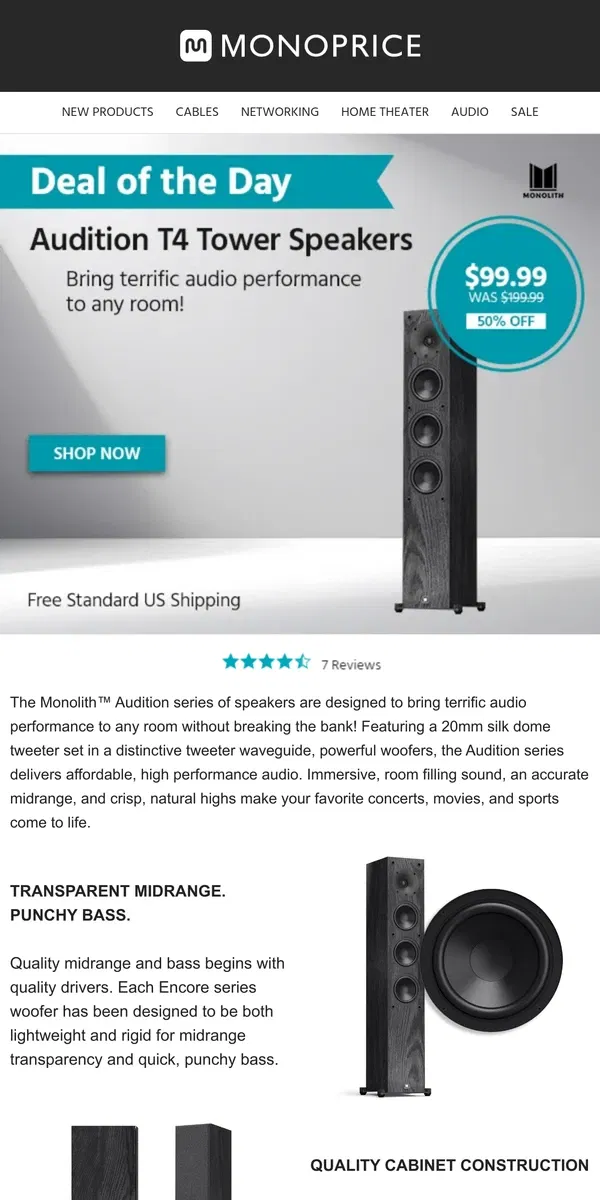 Email from Monoprice. Immersive, Room-Filling Sound | 50% OFF (DEAL OF THE DAY!)