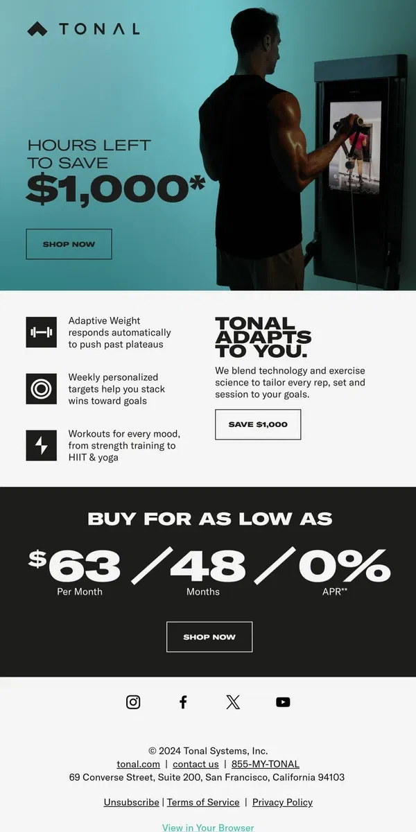 Email from Tonal. $1,000 Off ends in 5, 4, 3…