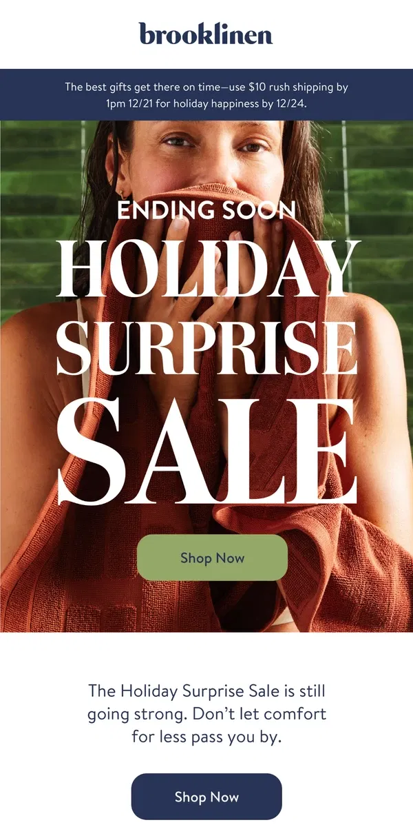 Email from Brooklinen. ENDING SOON: Holiday Surprise Sale