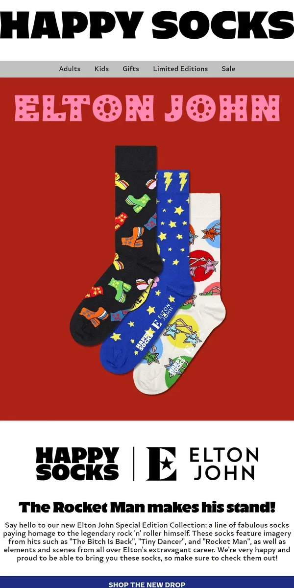 Email from Happy Socks. Elton John Socks Take Center Stage!