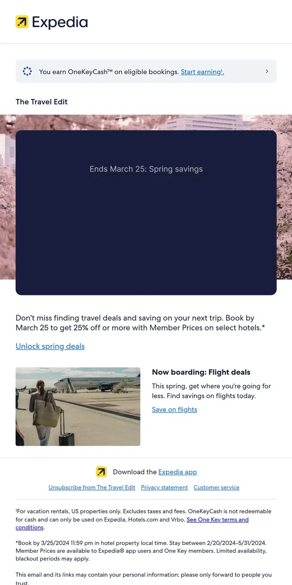 Email from Expedia. Last chance: Get 25% off with spring savings