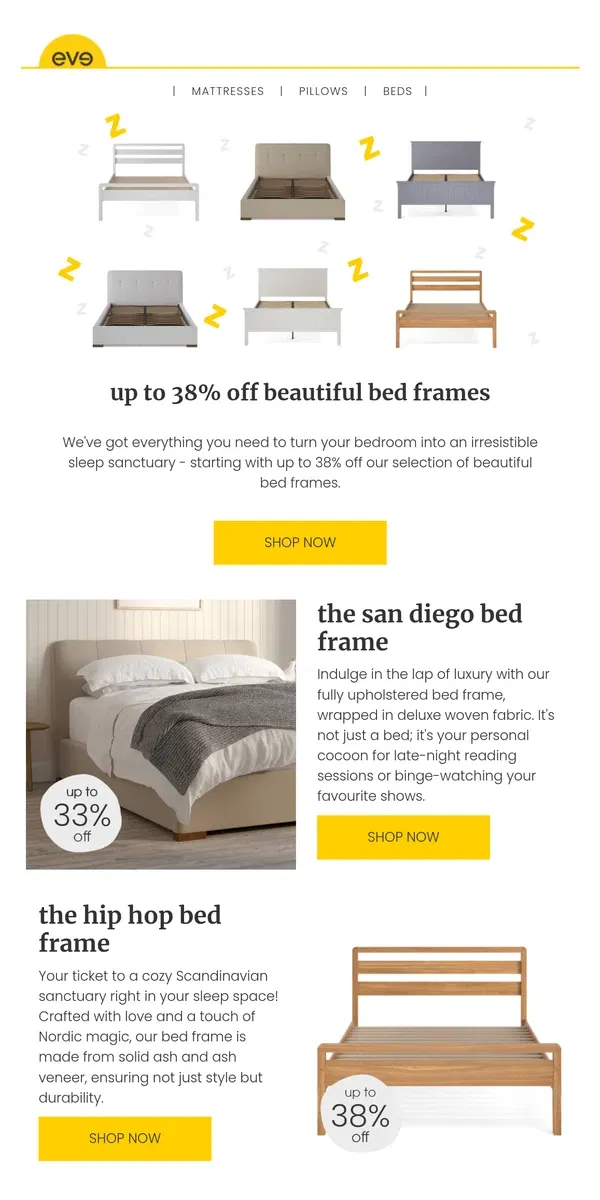 Email from Eve Sleep. up to 38% off beautiful bed frames