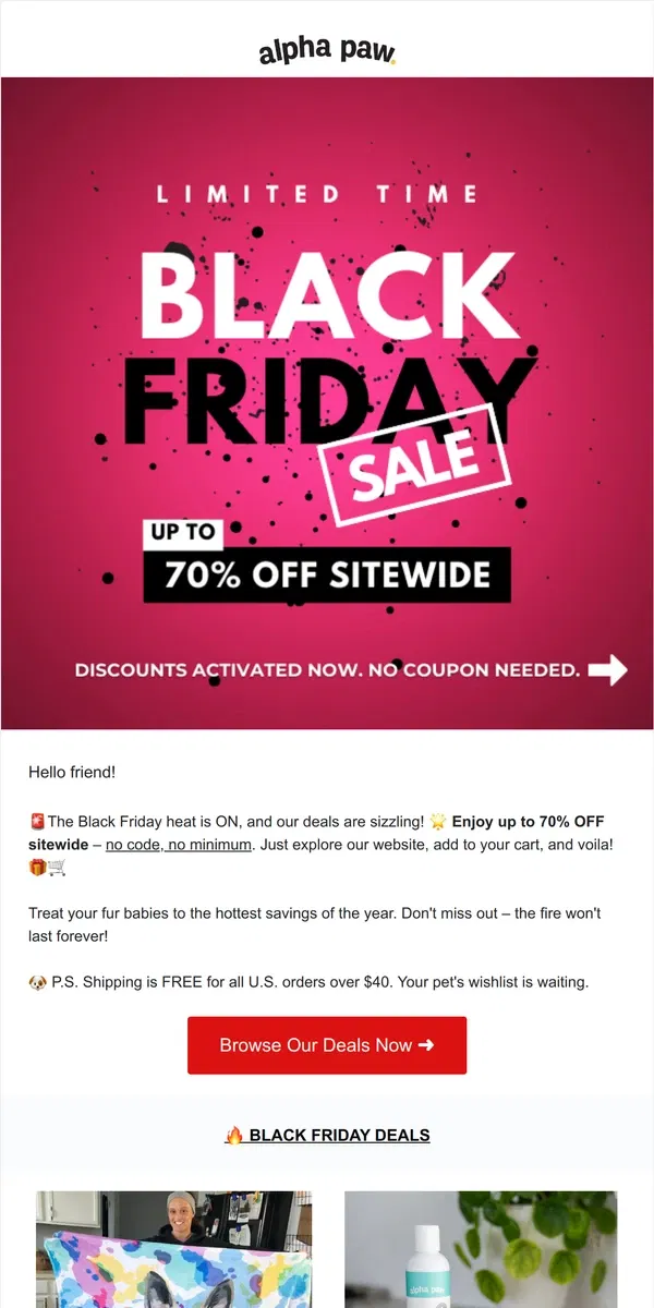 Email from Alpha Paw. 🚀 Black Friday Blast: Unleash Savings Up to 70% OFF! 🚀