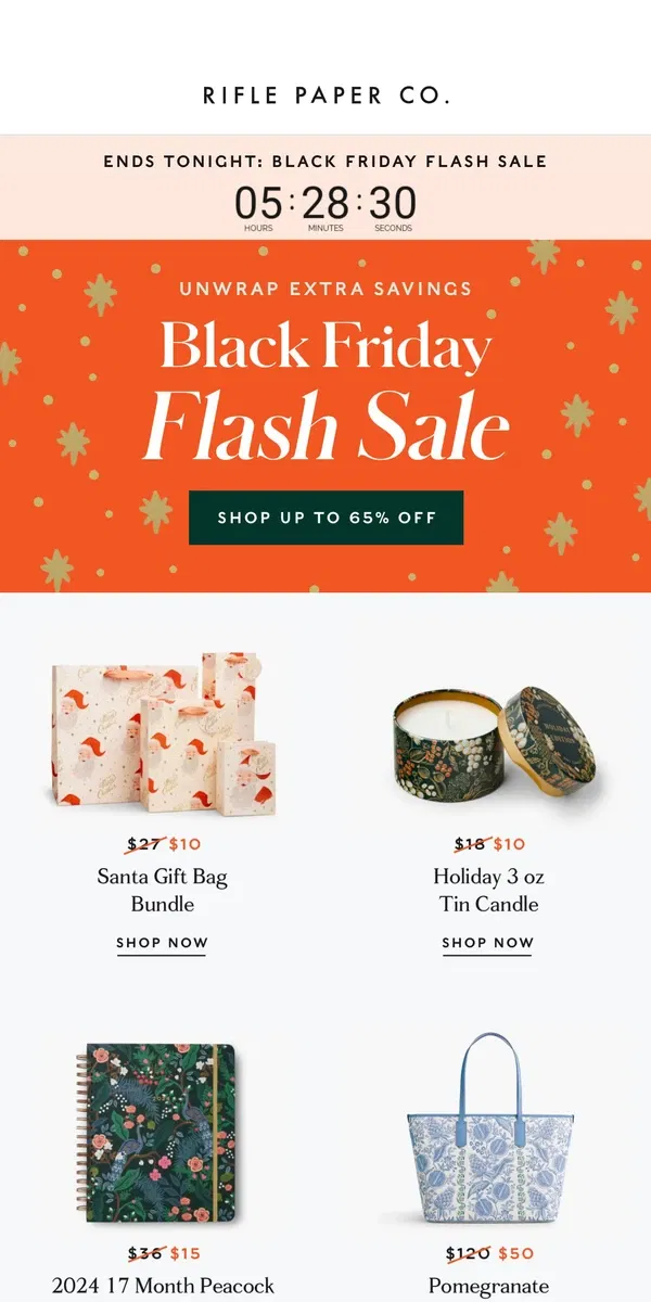 Email from Rifle Paper Co.. 📣 Final Hours! Up to 65% Off Flash Sale Items Ends Tonight!