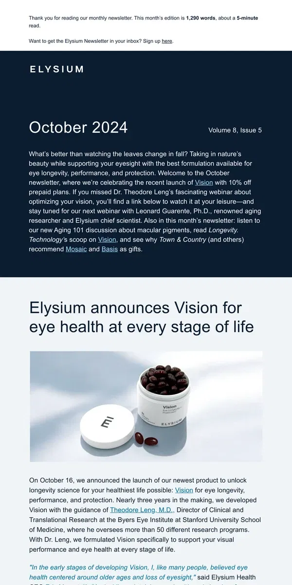 Email from Elysium Health. October Newsletter: Watch Dr. Leng’s Vision webinar today 👀